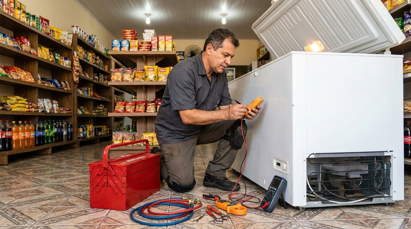 Recarga de gás refrigerante no freezer durante atendimento em Campo Grande‑MS