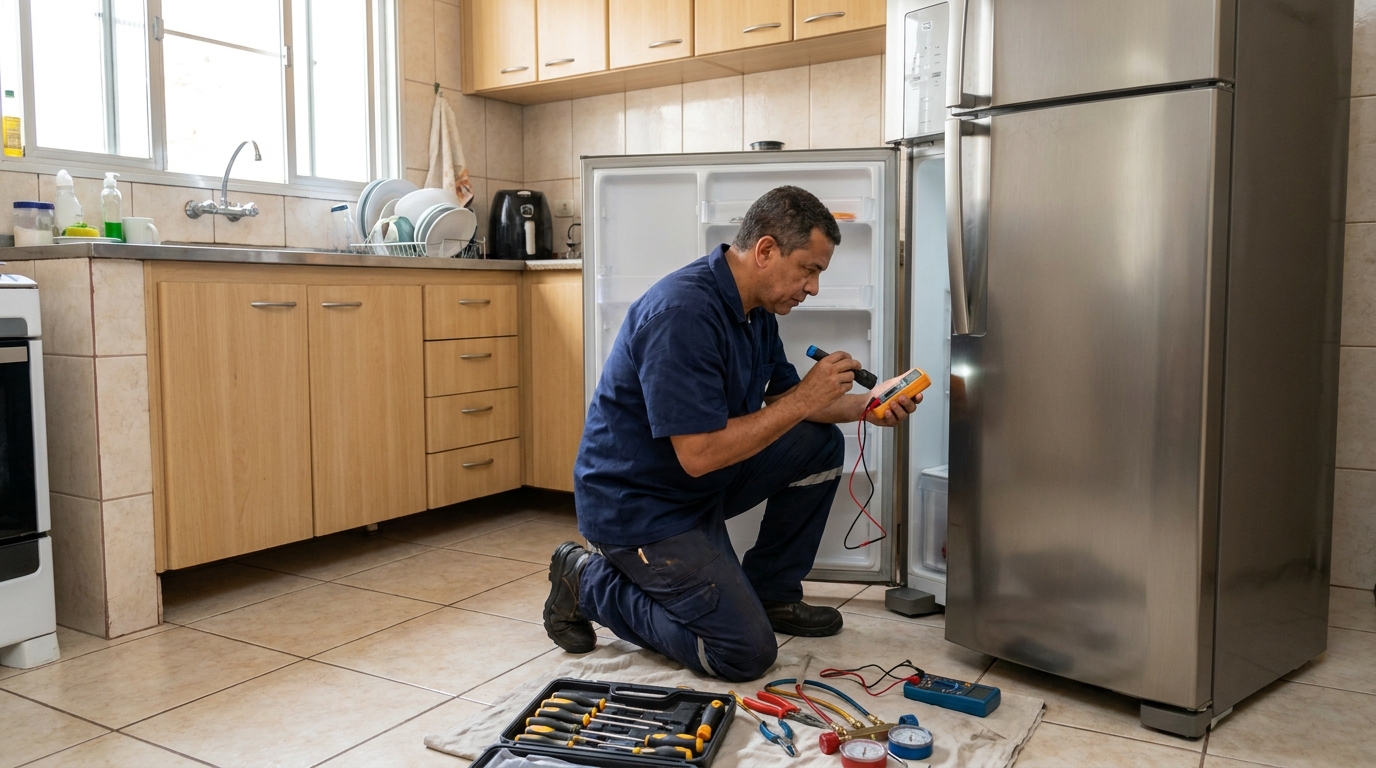 Técnico aplicando recarga de gás refrigerante em geladeira em Campo Grande‑MS